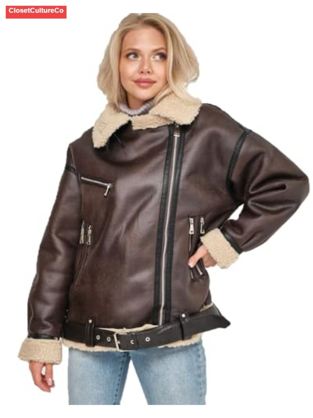 Faux Leather Aviator Bomber Jacket Sherpa Lined Coat